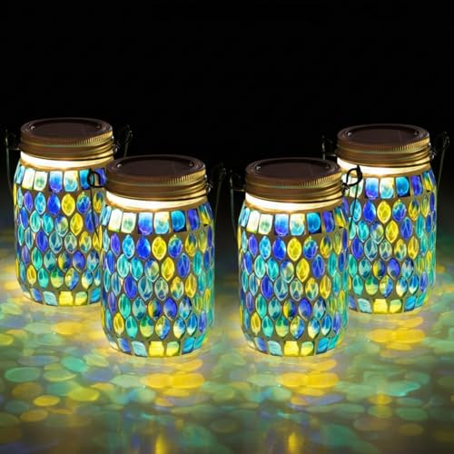Starsoul 4 Pack Solar Lanterns Outdoor Waterproof, Decorative Teal Mosaic Glass Outdoor Lantern, Hanging Solar Garden Lights for Outside Pathway Patio Porch Yard Table, Gifts for Women Mom Grandma - color: Teal-4PC