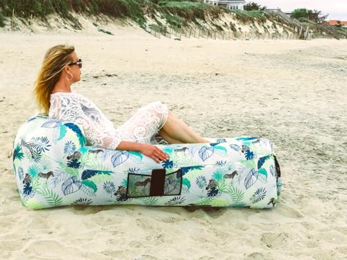 Inflatable Lounger with No-Pump Setup, Floating Portable Air Chair, Ripstop Polyester, Stability Peg for Beach, Camping, Festivals, Tailgating (Tropical Zebra) - style: Tropical Zebra