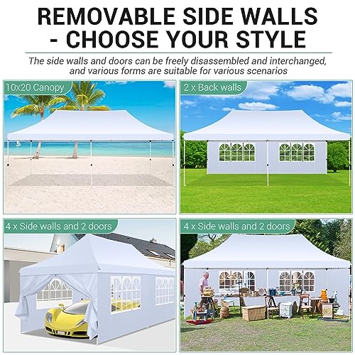 COBIZI 10x20 Pop Up Canopy with 4 Sidewalls, Conical Party Tent 10x20 with 3 Adjustable Height Waterproof, UV-Resistant with Carry Bag, Sandbag, Stake, Ropes for Parties, Commercial (Frame Upgraded) - color: White, size: 10x20FT with 4 sidewalls