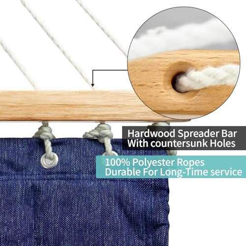 Double Quilted Fabric Hammock with Hardwood Spreader Bars and Pillow 450 LBS Capacity 2 Person Large Hammock for Outdoor Patio Backyard Poolside - Dark Blue - color: Dark Blue