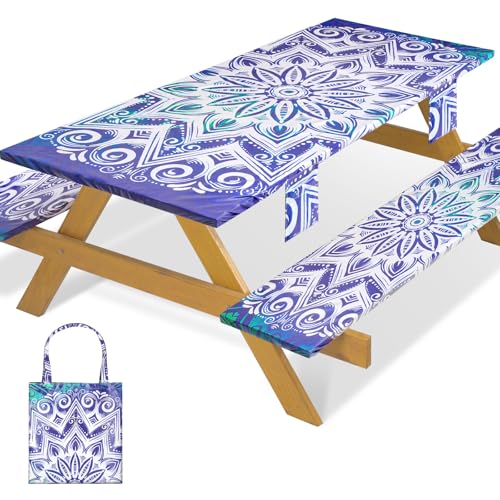 Fitted Waterproof Picnic Table Cover with Bench Covers Elastic Stain Resistant Camping Table clothes for 6Feet Rectangle Tables Outside Parties Necessities Gift Travel Trailers Trips Rv Things - color: Blue Mandala Flower, size: 72" x 30" (Rectangular)