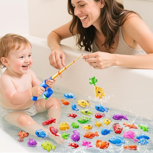 JUKUDAHU Magnet Fishing Toys Game for Kids 3-5 - Floating Fish Toys with Inflatable Kiddie Pool, Bath for Toddlers, Pole Rod Net, Outdoor Party for Boys Girls Kids Age 3 4 5 6 7 8 Year Old - style: 60 PCS Fishing and Round Pool with 2 Pails