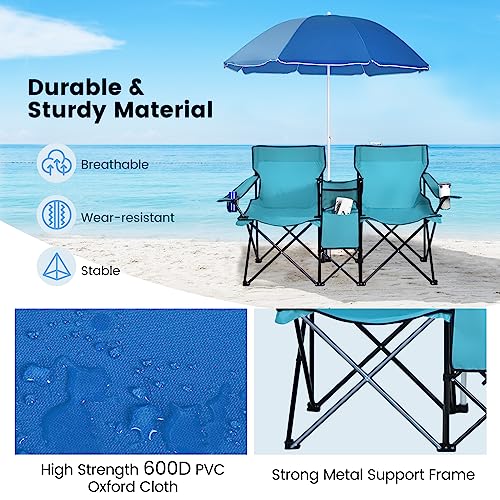 Double Camping Chair, 2-Person Portable Beach Chair w/Removable Umbrella, Cup Holders & Carrying Bag, Folding Loveseat Chairs for Adults Outdoor Picnic (Turquoise) - color: Turquoise