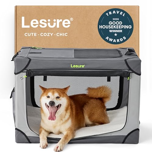 Lesure Shown on TODAY Show Soft Collapsible Dog Crate - 30 Inch Portable Travel Crate for Medium Dogs Indoor & Outdoor, 4-Door Foldable Pet Kennel with Mesh Windows, Grey - color: Grey, size: M - 30"