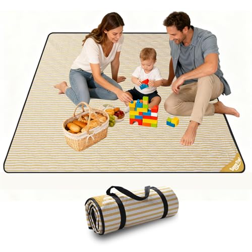 Extra Large Picnic Blanket Waterproof 80"x80" – Outdoor Blanket for Beach, Grass, Park, Lawn, Camping, Sandproof & Foldable, Wedding Registry Gift, Portable Mat for Family Picnics - color: Sunny Yellow Pinstripe