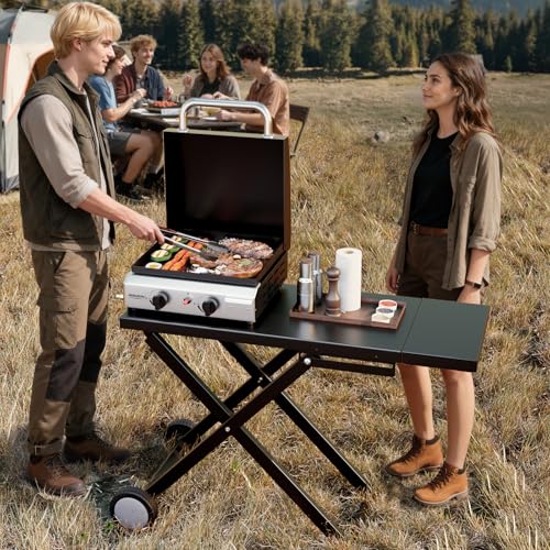 ROVSUN 2 Burner Foldable Propane Griddle with Wheels, Enameled Tray & Lid, 20000 BTU Portable Rolling Flat Top Gas Grill with Electronic Ignition & Regulator for Outdoor Cooking Camping BBQ Tailgating - size: 2 Burner With Lid
