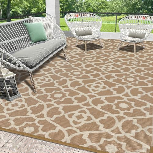 HEBE Outdoor Rug Waterproof 9x12, Plastic Straw Rug Camping Rug, Reversible Outdoor Patio Rugs RV Mat Clearance, Indoor Outside Floor Carpet for Porch,Deck,Camper,Balcony,Backyard - color: Beige, size: 9' x 12' (Rectangular)