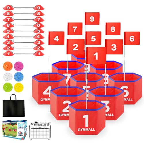 Golf Bucket Yard Game, Backyard Golf Set for Kids, Adults and Family, Outdoor and Indoor Portable 9 Holes Golf Course with Balls, Flags and Carry Bag for Lawn, Park, Beach and Hotel - Red - color: Red, size: 9 Holes