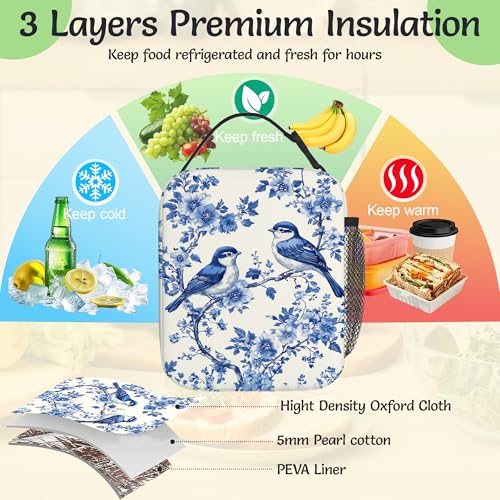Insulated Small Lunch Box,Blue Birds Reusable Lunch Bag for Kids Adult Women,Vintage Flower Large Capacity Portable Thermal Bag with Mutiple Pockets for School,Work,Picnic - color: Blue Birds