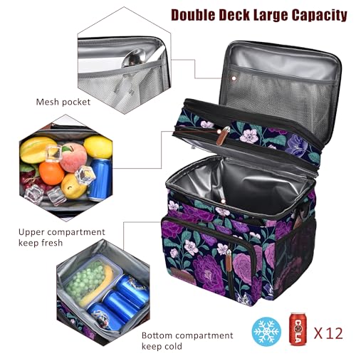 MIYCOO Lunch Bag & Lunch Box for Women Men, Double Deck Leakproof Insulated Soft Large Adult Camping Cooler bag for Work, Beach, Picnic, Travel (Purple Flower, 15L) - color: Purple Flower