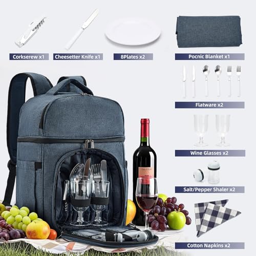 Vogano Picnic Backpack & Accessories – Insulated Picnic Set for 2 Person with Dual Compartments, Lightweight Blanket, Cutlery Set, for Newlyweds and Couples Gifts Blue