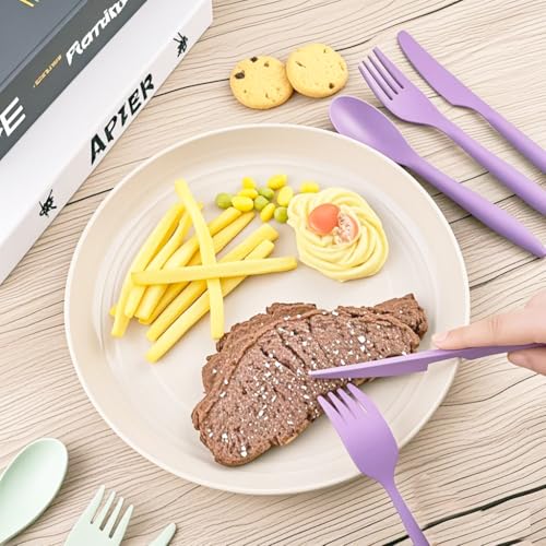 Travel Utensils Set - Reusable 5 Sets Wheat Straw Plastic Cutlery with Case, Portable Forks Spoons and Knives Set, Eco-Friendly BPA Free for Daily Use (5 Purple) - color: 5 Purple