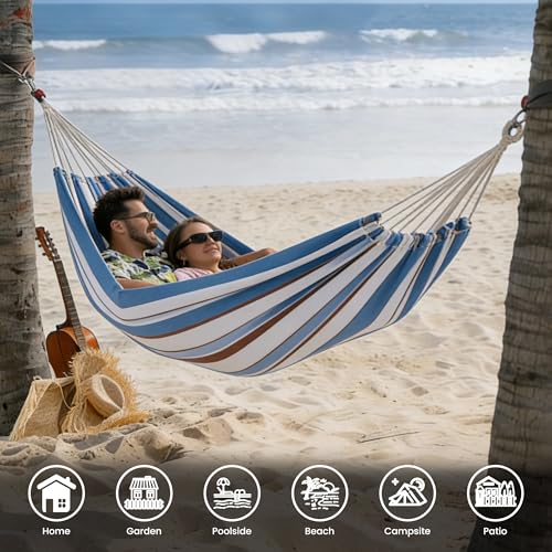 Lazy Daze Hammocks Double Brazilian Cotton Hammock, Extra Large Portable Outdoor Camping Hammock with Tree Straps & Travel Bag for Backyard Patio Poolside Indoor, 550lbs Capacity, Blue & Light Gray - color: Blue & Light Gray