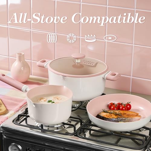 CAROTE Ceramic Cookware Set Nonstick, 15pcs Pots and Pans Set Non stick, Non Toxic Cookware,Dishwasher,RV/Camping Cookware Set, Pan and Pot with Kitchen Utensils, Pink - color: Pink