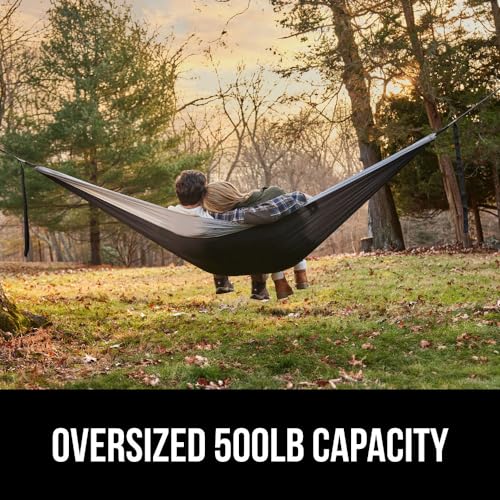 GORILLA GRIP Durable Camping Hammock with Heavy Duty Tree Straps, Portable Hammocks for Outside, Easy to Use Travel Swing Chair, Outdoor Camper Hiker Essentials, Backpacking Gear Gifts, Double, Black - color: Black/Grey, size: Double (10' x 6.5')