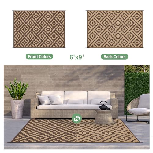 GENIMO Outdoor Rug for Patio Clearance, 6'x9' Reversible Plastic Straw Rugs, Lightweight Waterproof RV Camping Mat for Camper, Balcony, Deck, Backyard, Picnic, Coffee & Brown - color: Coffee&brown, size: 6' x 9' (Rectangular)