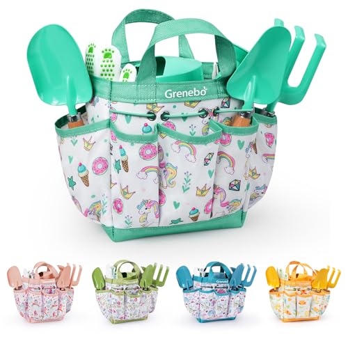 Grenebo Kids Gardening Set Toys,Includes Metal Trowel,Transplanting Shovel,Garden hat,Rake,Apron,Gloves,Watering Can,and Tool Organizer Bag (Lake Green) - color: D-lake Green