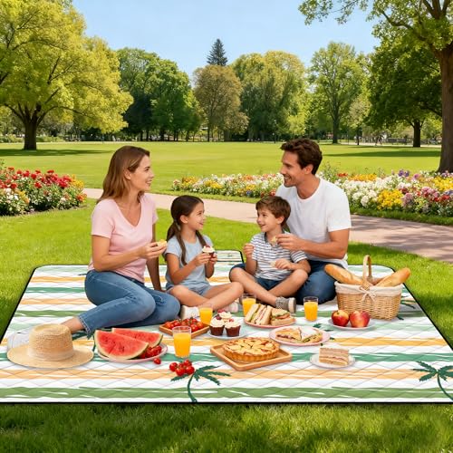 Extra Large Picnic Blanket Waterproof,80"x 80"Foldable Machine Washable Beach Blanket,Outdoor Blanket for 6-8 Adults,Suitable for Indoor Crawling,Park Beach,Camping,Hiking,Family Travel(Yellow) - color: Yellow Tree, size: 6'8" x 6'8" (Square)