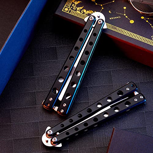 Flutesan 2 Pcs Butterfly Fork and Spoon Set, Tactical Butterfly Spoon Folding Stainless Steel Spork Utensil Set Balisong Trainer for Travel Camping Hunting BBQ Kitchen(Black) - color: Black
