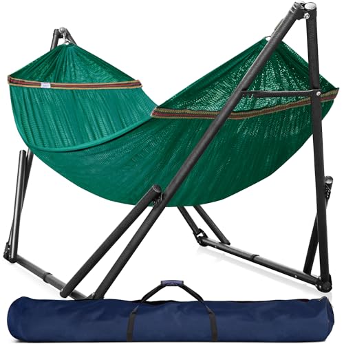 Tranquillo Double Hammock with Stand Included for 2 Persons/Foldable Hammock Stand 600 lbs Capacity Portable Case - Inhouse, Outdoor, Camping, Peacock - color: 1. Peacock