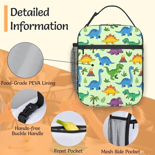 Dinosaurs Reusable Lunch Bag,Cartoon Volcano Green Trees Insulated Lunch Box with Side Pockets for Girls Boys Women Portable Thermal Cooler Bag for Teens School,Work,Picnic,Beach - color: Dinosaurs