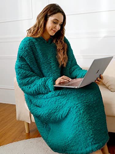 Oversized Sherpa Wearable Blanket Hoodie for Women Men,Long Comfortable Sherpa Blanket Sweatshirt Shaggy Pullover Plush Warm Cozy Blanket One Size Fits All Malachite - color: Malachite
