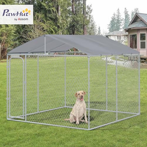 PawHut Outdoor Dog Kennel, Heavy Duty Dog Run Outdoor Fence with Waterproof Cover, Galvanized Chain Link, Secure Lock, 9.8' x 9.8' x 7.7' - size: 118.0"L x 118.0"W x 92.3"H