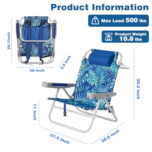 SUNNYFEEL Extra Wide Low Beach Chair 5 Position Lay Flat 500 LBS Heavy Duty, XL Oversized Portable Folding Camping Chairs with Cup Holder for Outdoor/Trip, Lightweight Backpack Beach Chair for Adults - color: Rainforest, size: 1-PACK