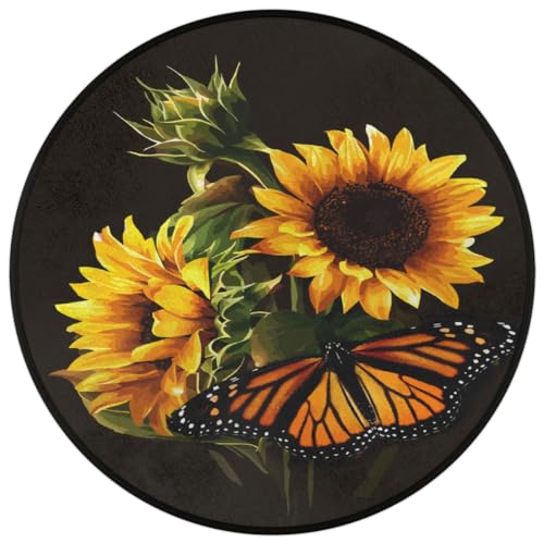 Butterfly Sunflower Round Area Rug, Sunflower Pattern Non-Slip Circle Rug for Bedroom Living Room Outdoor Study Playing Floor Mat Carpet, 3' Diameter - color: Butterfly Sunflower, size: 3' Diameter