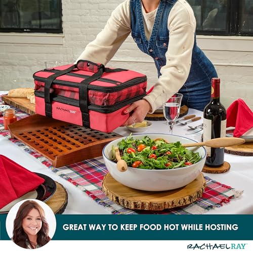 Rachael Ray Expandable Insulated Casserole Carrier for Hot or Cold Food, Thermal Lasagna Lugger Tote for Potluck, Parties, Picnic, and Cookouts, Fits 9" x 13" Baking Dish - color: Red Buffalo Check