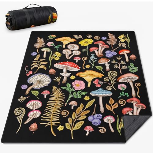 Mushroom Picnic Blankets Waterproof Foldable Picnic Outdoor Blanket 80"x 60" Picnic Mat 3-Layer Thicking Outdoor Foldable Blankets Sandproof Lightweight Beach Blankets with Strap Machine Washable - color: Mushroom01, size: 60*80in