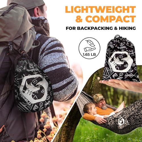 Foxelli Camping Hammock – Ultralight Hammock for Backpacking, Hiking, Festivals, Travel - Easy Setup with Tree-Friendly Ropes & Steel Carabiners, Heavy Duty Parachute Nylon - color: Tribal Grey