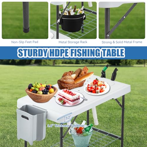Folding Fish Cleaning Table Portable Camping Double Sinks Table w/2 Dual Water Basins, Faucet Drainage Hose & Sprayer Outdoor Fish Fillet Cleaning Station w/Knife, Storage Box,Black | Portable, Camping, 2 Dual Water Basins, Faucet, Drainage Hose, Sprayer
