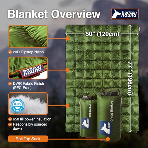 Horizon Hound Down Camping Blanket 650 Fill Power - Ultralight Backpacking Quilt (1lb 6oz) Warm & Water-Resistant 20D Nylon Shell for Outdoors, Camping, Hiking, Travel, & Stadium - Packable - color: Forest Green