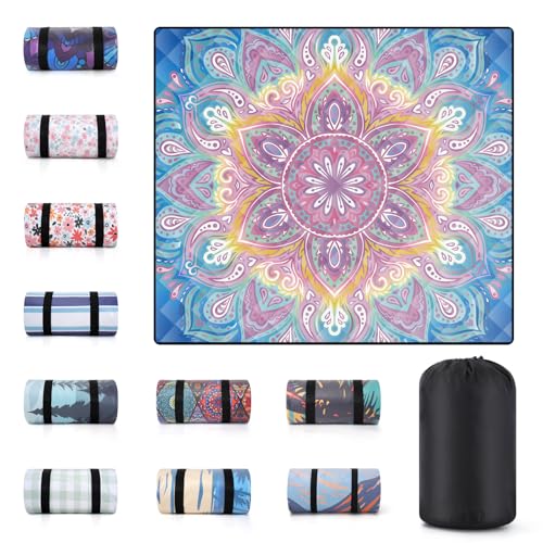 80x80 Waterproof Picnic Blankets Outdoor Oversized Sand Free Beach Blanket Portable Couples Yoga Meditation Mat Lawn Patio Concert Necessities Summer Vacation Garden Camping Essentials Gifts - color: Blue and Pink Mandala, size: 6'8" x 6'8" (Square)