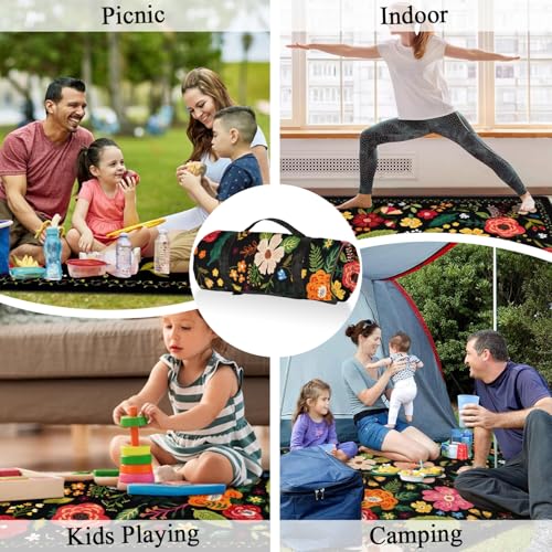 Picnic Blankets Waterproof Foldable Extra Large,80"x 80" Outdoor Beach Blanket Sandproof,3-Layer Lightweight Handy Mat Tote Picnic Camping Rugs for Outside Your Rv (Boho Vintage Floral Black) - color: Picnic Blankets 12