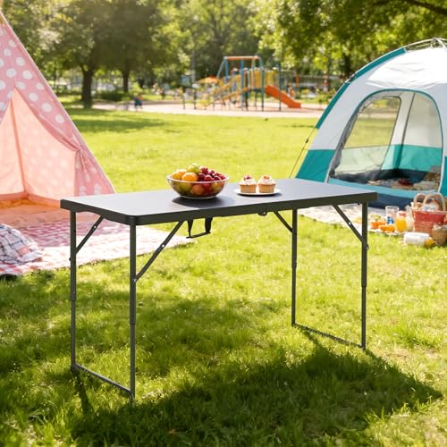 BestOffice 4 FT Picnic Table Folding Table Camping Plastic Table Fold Up Table Lock for Party Event, Black - color: Black, size: 4 FT