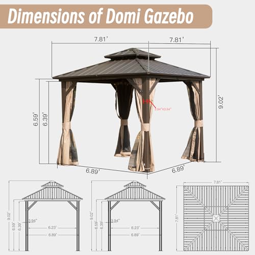 Domi 8' x 8' Hardtop Gazebo Permanent Metal Gazebo with Galvanized Steel Double Roof, Curtains and Netting for Party, Wedding, Outdoor Dining, Patio, Backyard, Brown - color: Brown, size: 8'×8' Double Roof