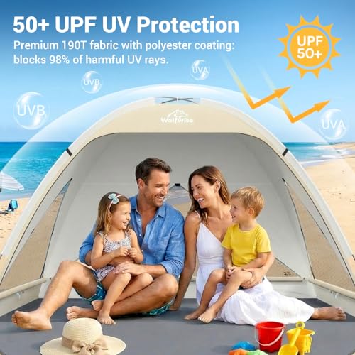Wolfwise Large Beach Tent Sun Shelter for 3-4 Person, Spacious Sun Shade UPF 50+ UV Protection, Extendable Floor for Privacy, 3 Ventilated Mesh Windows, Portable with Carrying Bag, 95 ″x65″x55″,Beige - color: Beige