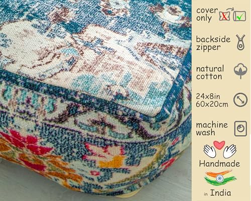 Blue Square Floor Pillow Cover Large Yoga Décor Cushion Moroccan Pouf Ottoman Boho Furniture Perfect for Living Room, Bedroom, Nursary or Children Room Seating Area Beanbag Footstool 24x8 Unstuffed - color: Blue