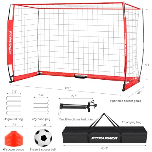 8x6ft,12x6ft Soccer Goals for Backyard,Portable Soccer Goal Training Equipment,Collapsible Metal Base Soccer Net Set,1 Goal +1 Soccer Ball + 6 Cones + 1 Ball Pump + 1 Carry Bag