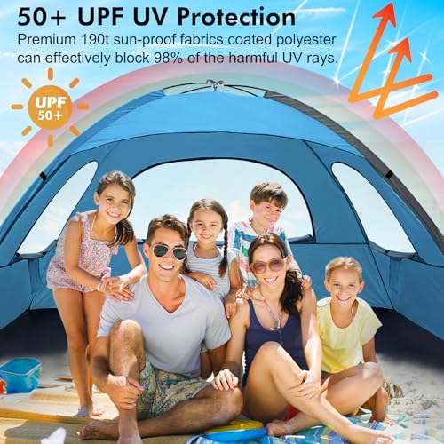 WhiteFang Beach Tent Anti-UV Portable Sun Shade Shelter for 3/4/6/8 Person, Extendable Floor with 3 Ventilating Mesh Windows Plus Carrying Bag, Stakes and Guy Lines - color: Blue, size: 6 Person