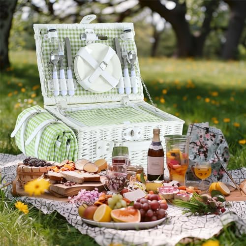 Picnic Basket Set for 4 with Waterproof Blanket Mat Insulation Bag Wicker White Green Plaid Classic Fresh Gift for Christmas Thanksgiving Wedding Birthday Camp Outdoor Beach Travel - color: Green Plaid