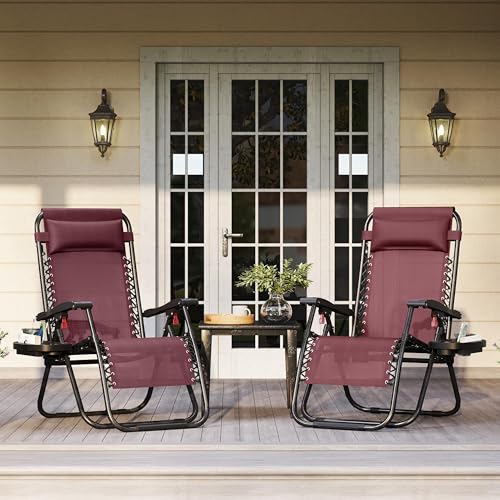 Yaheetech Zero Gravity Recliners Outdoor Adjustable Folding Reclining Lounge Chairs w/Pillows, Cup Holder Trays and Carry Strap for Patio Backyard Beach Burgundy Set of 2 - color: Burgundy