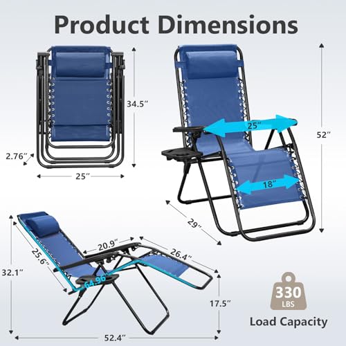 Zero Gravity Chairs Set of 2, Adjustable Lounge Chair Outdoor Recliner, Folding Reclining Lawn Chair, Anti Gravity Chair with Pillow & Cup Holder for Pool Camping Sunbathing Beach Patio