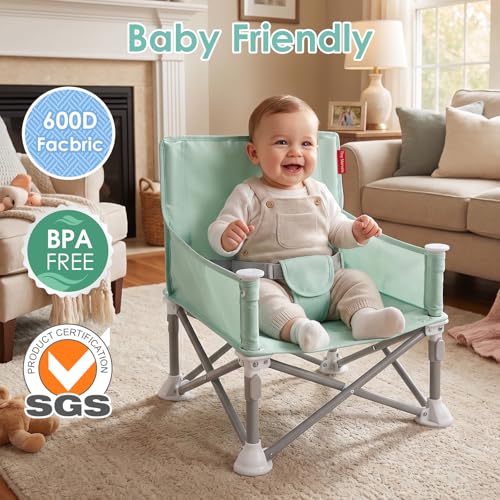 Tiny Marvels Portable Booster Seat, Foldable Baby High Chair with Removable Tray, Safety Harness & Carry Bag – for Toddlers Ages 6M-3Y, Ideal for Dining, Travel, Camping & Family Time - color: Green