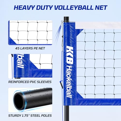 Haokelball Outdoor Volleyball Net Set for Backyard, 32FT Regulation, 3-Level Adjustable Height & Anti-Sag Tension System, Heavy Duty Thick Poles, Includes Volleyball, Pump, Boundary Line and Carry Bag - color: A-Blue