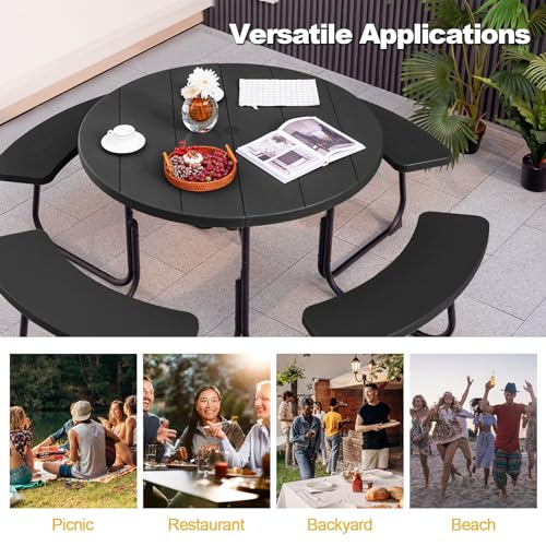 Tangkula 8 Person Picnic Table, Outdoor Round Picnic Table with 4 Built-in Benches, Umbrella Hole, Metal Frame & HDPE Tabletop, Outside Table and Bench Set for Backyard, 2300lbs Weight Capacity - color: Black