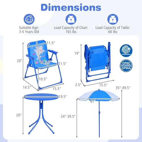 Costzon Kids Picnic Table, Kids Outdoor Table with 2 Folding Chairs, Height Adjustable Umbrella, Portable Children Outdoor Furniture for Patio, Garden, Backyard (Blue Ocean) - color: Blue Ocean