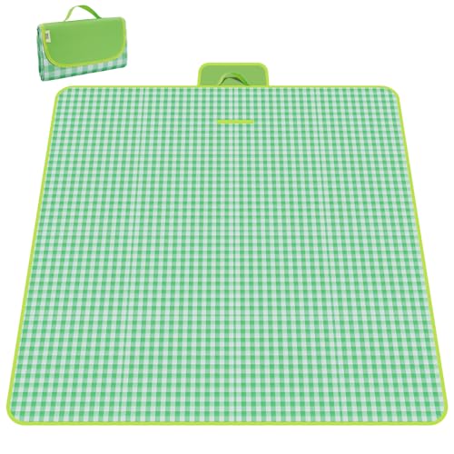 Picnic Blanket 77 x 79 Inches Waterproof Oxford Fabric Picnic Blanket Portable and Foldable Outdoor Mat for Camping, Beach, and Family Picnics - color: Green&white